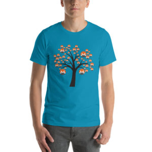 Aqua cotton t-shirt with a Monero logo tree design on it.